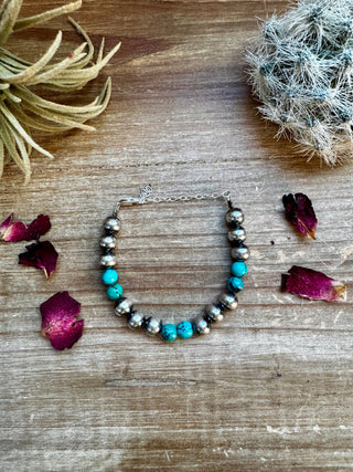 8 mm Sterling Silver Pearls Bracelet with Turquoise Bead