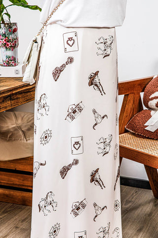 Western Print Satin Long Skirt