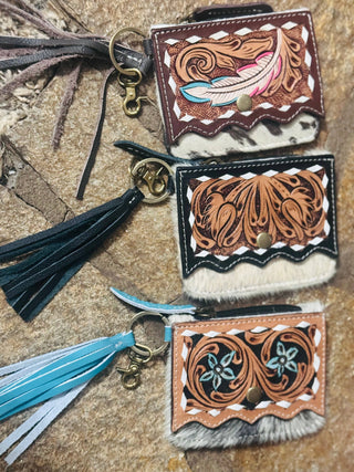 Western Tooled Leather & Cowhide Keychain Wallets