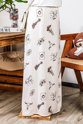 Western Print Satin Long Skirt