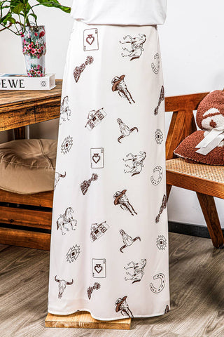 Western Print Satin Long Skirt