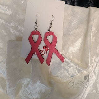 Pink Ribbon Wood Earring