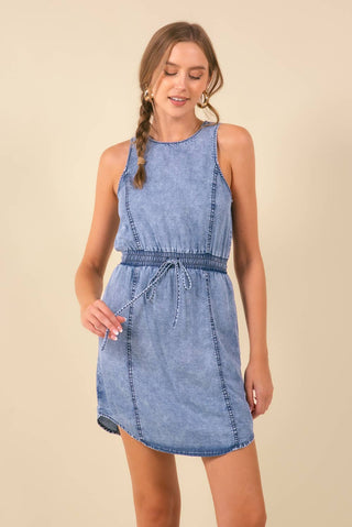 WAIST DRAWSTRING SLEEVELESS DENIM DRESS