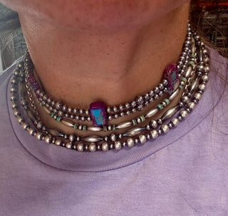 Double Strand Sterling Silver Pearls & Rectangle Variscite Turquoise Necklace