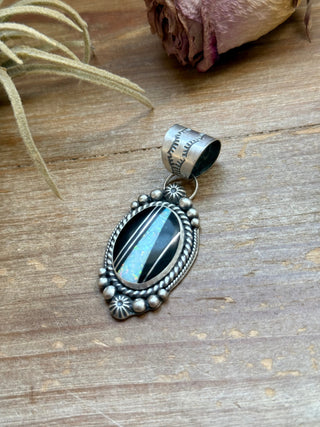 Sterling Silver Black Micarta & Lab Opal Inlay Pendant – Handmade by Artist Shay Pfeiffer