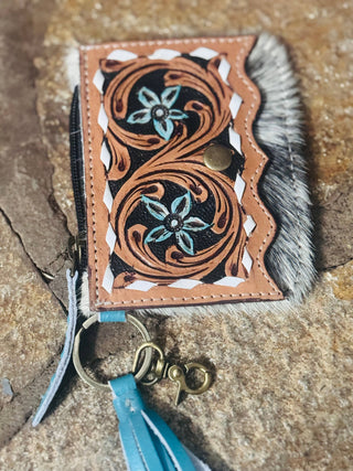 Western Tooled Leather & Cowhide Keychain Wallets