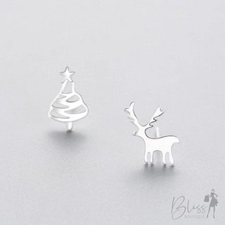 Silver Reindeer and Tree Earrings